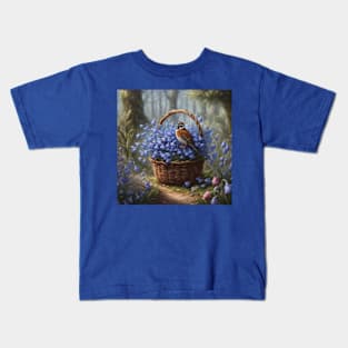 Quail Inspecting Basket of Bluebell Flowers Kids T-Shirt